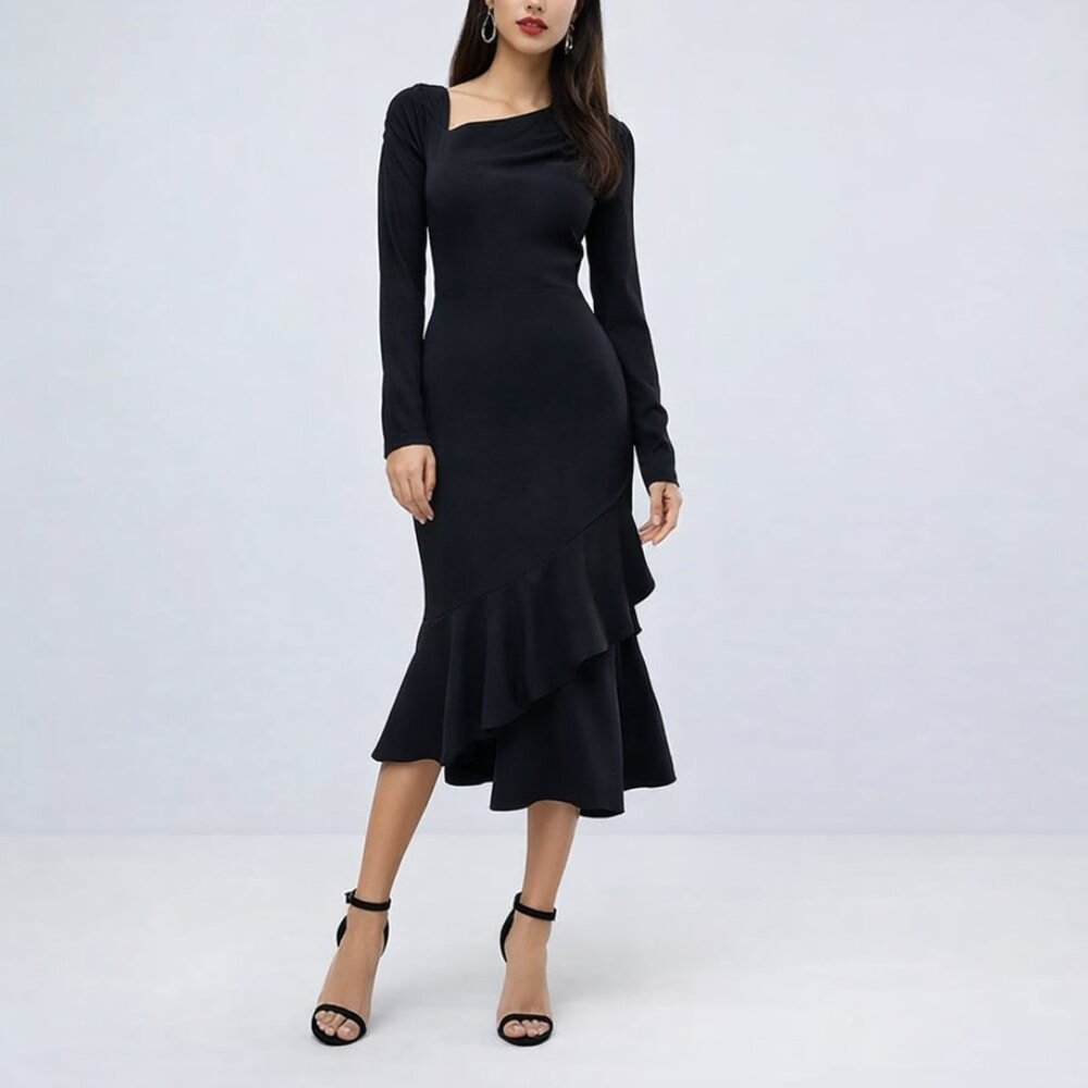 Yaura Slash Neck Midi Skater Dress Black Ruffle Hem‎ Women’s Size 10 A-Line